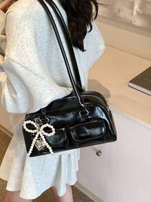 Large Capacity PU Tote Bag, Minimalist & Fashion Office Lady Shoulder Bag, Multi-Pocket Solid Color Personalized Handbag