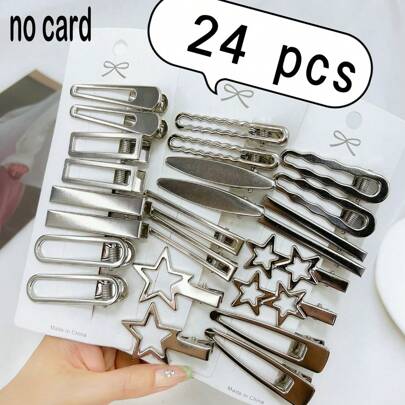 24个/套 女士银色发夹，时尚简约别致前刘海侧夹发饰，适合日常佩戴、约会、洗脸、化妆等场合，也可作爪夹、发夹、发卡、上学用品、头部饰品。