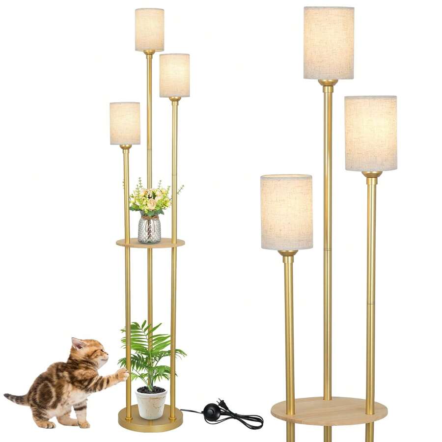 Boho Floor Lamps For Living Room, 3-Lights Modern Floor Lamp With 3-Way Foot Switch, Gold Floor Lamp With Shelves, Shelf Standing Lamp With Fabric Shade, Tall Floor Lamps For Bedroom, Office, Christmas New Year Holiday Gift - 金色 - 查看 1