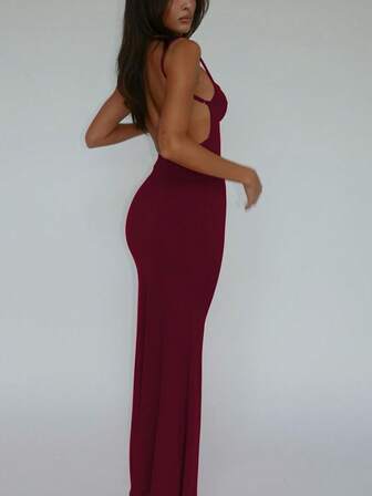 女士纯色开叉紧身露背性感优雅连衣裙夜间外出聚会俱乐部度假海滩春夏休闲服