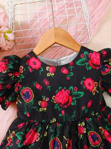 H HIBOBI Infant Girl Spring/Summer Puff Sleeve Ramadan Rose Print Mesh & Lace Patchwork Dress - Black - View 4