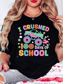 Oversized Style For Women, I Crushed 100 Days Of School Tshirt, 100th Day Of School Tshirt, 100 Days Smarter, Teacher Student Tee, Celebrate 100 Days Of School New Year Gift, Loose Type Shirt For Women, Perfect For Holiday Parties Or Gift Giving, Soft And Comfortable - Black - View 2