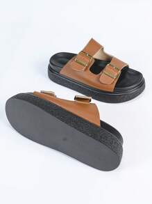 Damskie sandały na koturnie na platformie, nowy design na wiosnę/lato z grubą miękką podeszwą, wsuwane z podwójną klamrą, odpowiednie na wakacje, na co dzień, na plażę, klapki z grubą podeszwą - Brązowy - Zobacz 6