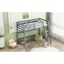 Twin Size High Loft Bed With Inclined Ladder, Guardrails,Grey