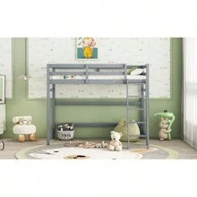 Twin Size High Loft Bed With Inclined Ladder, Guardrails,Grey