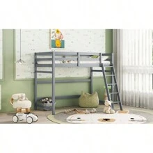 Twin Size High Loft Bed With Inclined Ladder, Guardrails,Grey