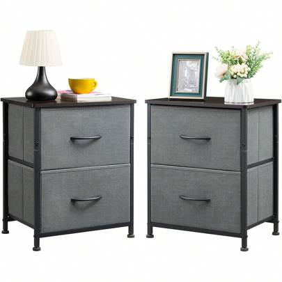 Nightstand Set Of 2, Small Dresser For Bedroom With 2 Drawers, Bedside Table Night Stand End Table With Fabric Bins For Bedroom Kids Closet Dorm Guest Room, Ash Grey