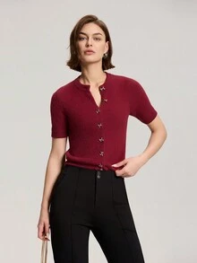 Women Casual Short Sleeve Button-Up Knit Cardigan, Spring/Autumn - Burgundy - View 5