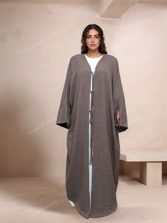 Women's Two-Tone Herringbone Split Sleeve Tie Waist Arabic Style Dress