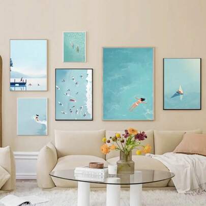 1 pezzo Dipinto su tela di arte da parete fashion con illustrazione ad acquerello di barca a vela da surf, ambiente marittimo, decorazione per stanza,