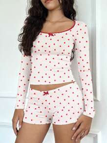 Women Pajamas Sets Heart/Flower/Bow Print Long Sleeves Crew Neck Tops And Elastic Waisted Button Down Shorts Loungewear Pjs Set