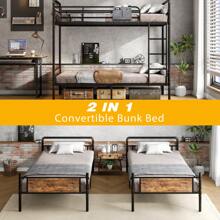Cocosity Metal Twin Over Twin Bunk Bed With Storage Bag 2 Convertible Twin Beds , Antique Wood Grain - 黑色 - 查看 5