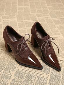 2025 春季新款尖头一脚蹬高跟鞋，优雅简约时尚女鞋，棕色系带布洛克雕花花卉图案英式粗跟鞋，四季休闲纯色优质热销 - 棕色 - 查看 3