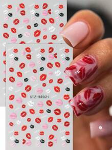 2PCS Glossy Kiss Print Nail Art Stickers, Red And Pink Lip Decals With Glitter Embellishment, Cartoon Love Theme Self-Adhesive Nail Decoration For Plastic Surfaces, Single Use, Unscented, Asymmetric Shape - Multicolor - View 7