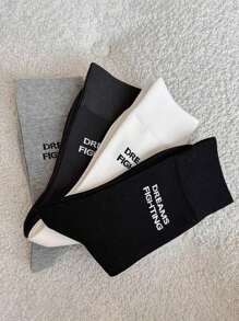 4 Pairs Women Classic Letter Pattern Casual School Daily Wear Sports Mid-Calf Socks