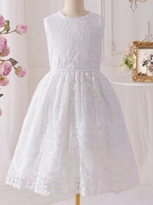 1pc Tween Girl Casual Embroidered Lace Trim V-Neck Mesh Overlay Dress, Summer - White - View 3