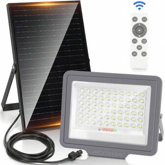 Reflector solar Aigostar, luz LED para exteriores de 200W, impermeable IP65, con control remoto, panel fotovoltaico monocristalino de alta sensibilidad, ideal para paredes, patios, garajes, jardines, y más.