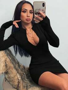 Zipper Collar Versatile Sexy Long Sleeve Dress - Black - View 3