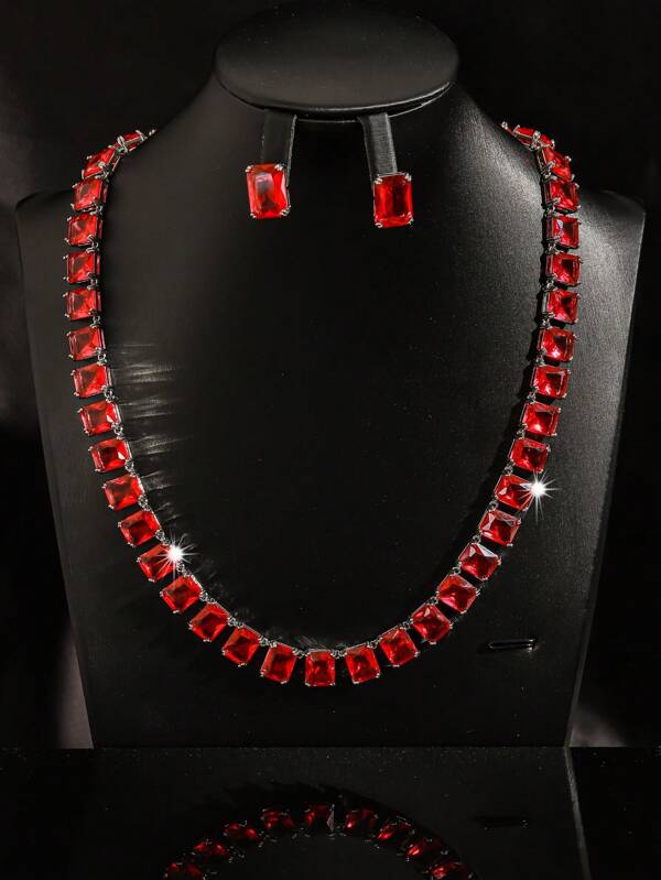 Set de 3 piezas con collar y aretes geométricos cuadrados de circonita roja, adecuado para el uso diario de la mujer