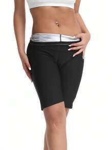 1 pieza Medias deportivas para mujer, mallas de fitness para adelgazar la cintura, pantalones cortos de yoga que levantan el trasero y sueltan el sudor rápidamente, para entrenamiento y ejercicio en casa - Negro - Ver 3