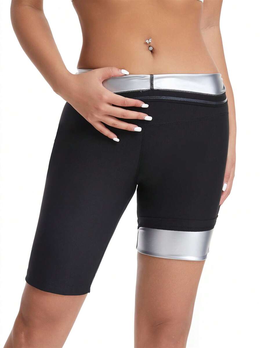 1 pieza Medias deportivas para mujer, mallas de fitness para adelgazar la cintura, pantalones cortos de yoga que levantan el trasero y sueltan el sudor rápidamente, para entrenamiento y ejercicio en casa - Negro - Ver 1