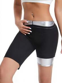 1 pieza Medias deportivas para mujer, mallas de fitness para adelgazar la cintura, pantalones cortos de yoga que levantan el trasero y sueltan el sudor rápidamente, para entrenamiento y ejercicio en casa - Negro - Ver 7