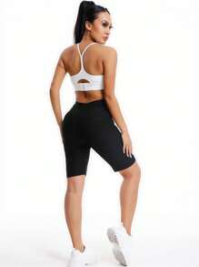 1 pieza Medias deportivas para mujer, mallas de fitness para adelgazar la cintura, pantalones cortos de yoga que levantan el trasero y sueltan el sudor rápidamente, para entrenamiento y ejercicio en casa - Negro - Ver 5