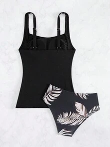 Conjunto de tankini de moda para mujer con estampado de bloques de color y espalda descubierta, para el verano y la playa - Negro - Ver 3