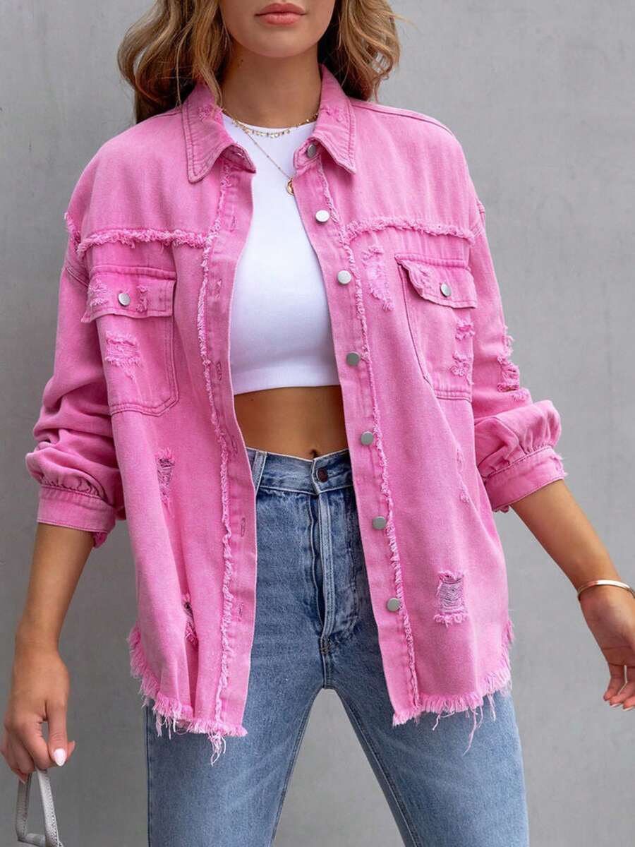 Women's Jeans Coat Ripped Distressed Denim Jacket Long Sleeve Button Down Boyfriend Jeans Coat Trucker Jacket - Pink - View 1