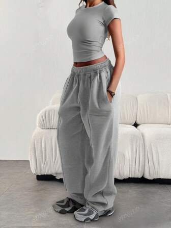 Pantalon de survêtement décontracté, ample et simple pour femmes, de couleur unie, avec taille élastique