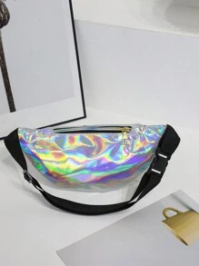 Women's Holographic Waist Bag PU Shiny Faux Leather Chest Bag Multi-Function Colorful Shoulder Crossbody Bag - Silver - View 4
