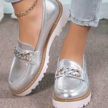Women's Thick Sole Slip-On Loafer Shoes, Breathable Platform - Silver - View 2