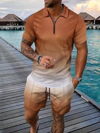 2pcs/Set Men Casual Vacation Outfit, Summer Bright Color Floral Print Zip Collar Polo Shirt + Shorts Set, Cozy Outfits