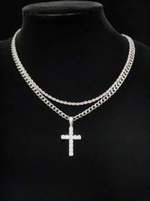 Set de 2 collares con cadena trenzada cubana y colgante con cruz con acento de rhinestone, accesorio de moda versátil adecuado para hombres y mujeres, regalo ideal para Año Nuevo y San Valentín - Multicolor - Ver 1