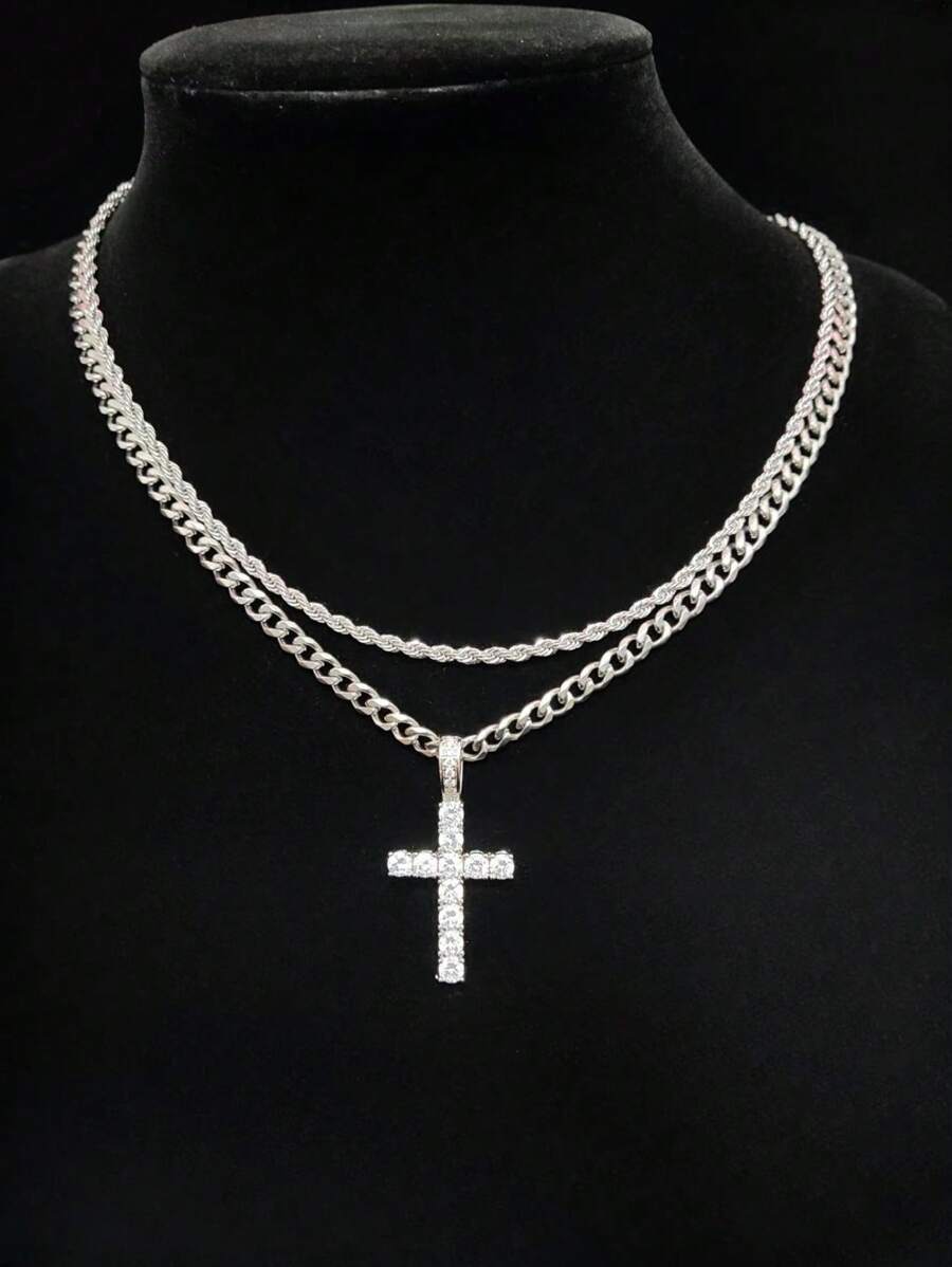 Set de 2 collares con cadena trenzada cubana y colgante con cruz con acento de rhinestone, accesorio de moda versátil adecuado para hombres y mujeres, regalo ideal para Año Nuevo y San Valentín - Multicolor - Ver 1
