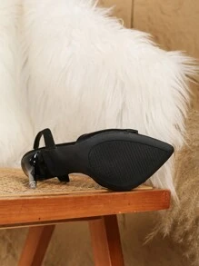 Women's Versatile Black High Heel Shoes, French Niche Quality Pointed Toe Narrow Heel Strap Bow Decor Hollow-Out Pumps, Spring/Summer New Arrivals