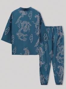 Men's Chinese Style Dragon Print Robe And Pants Pajamas Set - Navy Blue - View 3