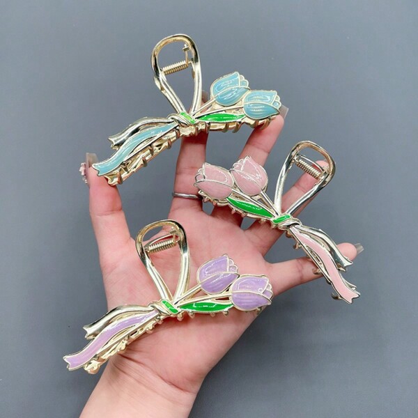Minimalist & Fashionable Multi-Color Fresh Floral Oil Drop Claw Clip Hair Clamp, Elegant & Sophisticated Metal Hair Clip, Suitable For Outfits, Parties, Gatherings