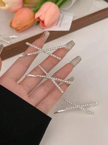 2pcs/4pcs Silver Rhinestone X-Shaped Hair Clips, Minimalist One-Piece Bangs Clips, Personalized Side Clips For Hairline & Nape Hair, Looks Of Party, Hair Accessories