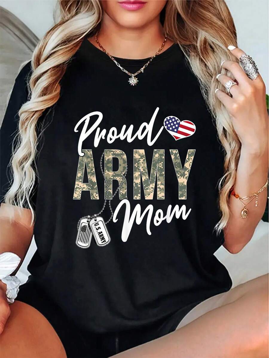 100% Cotton Proud Army Mom Army Graduation Mom US Army Mom Gifts T-Shirt - Black - View 1