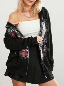 Women Y2k Goth Zip Up Hoodie Fairy Grunge Oversized Hooded Sweatshirt Adults Casual Skull Graphic Printed Long Sleeve Jacket With Pockets Gothic 90s Clothes For Teen Girls Streetwear Fall Spring Outerwear - màu đen - Xem 5