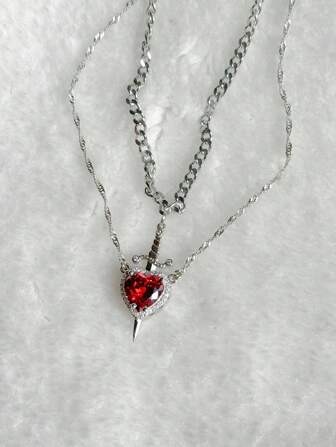 2pcs Gothic Punk One Arrow Through The Heart Creative Two Color Couple Necklace Red Rhinestone Heart Necklace Friend Birthday Gift
