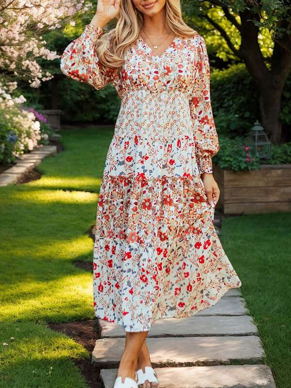 Khaki Floral Print Ruffled Tiered Long Sleeve V Neck Midi Dress