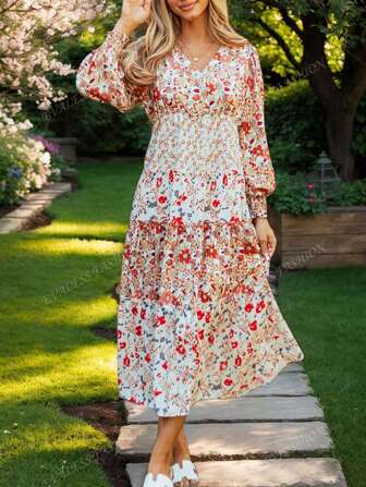 Khaki Floral Print Ruffled Tiered Long Sleeve V Neck Midi Dress