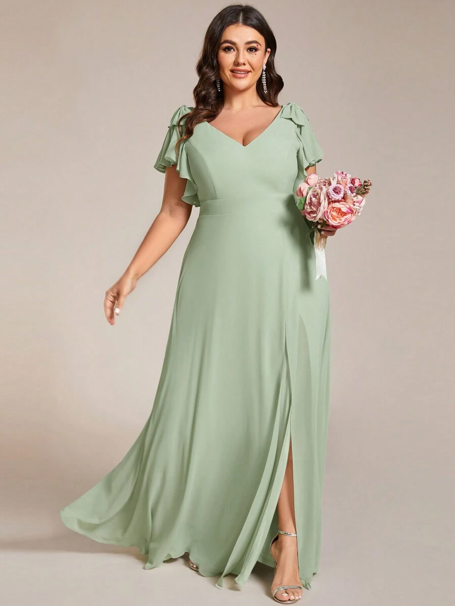 Chiffon Split Thigh Ruffle Trim Bow Shoulder Bridesmaid Dress - Mint Green - View 1