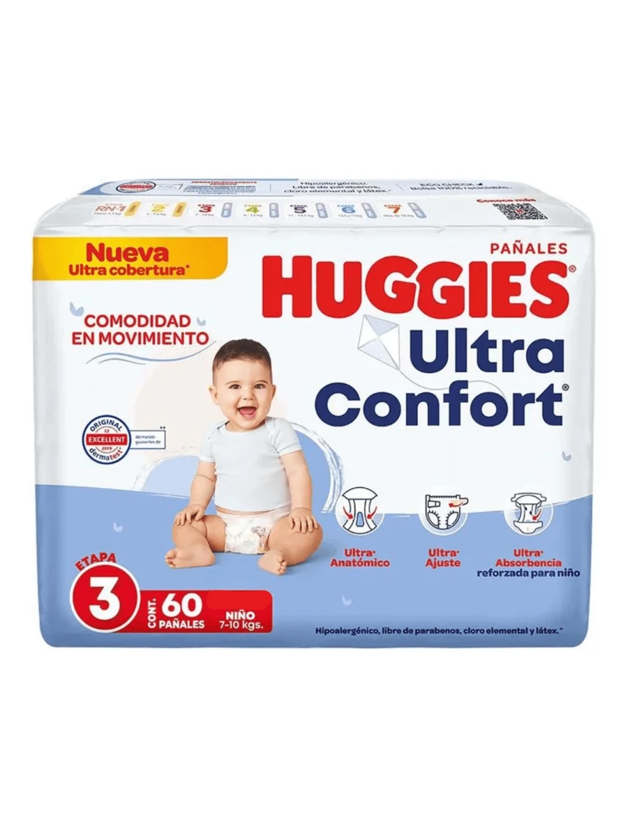 Huggies UltraConfort Pañales Desechables Etapa 3 Con 60 Pañales - Azul - Ver 1