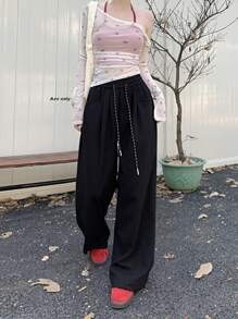 女款彈性腰抽繩純色休閒運動長褲，寬鬆寬腿直筒褲，九分長，2025 春秋黑色秋季款 - 黑色 - 查看 9