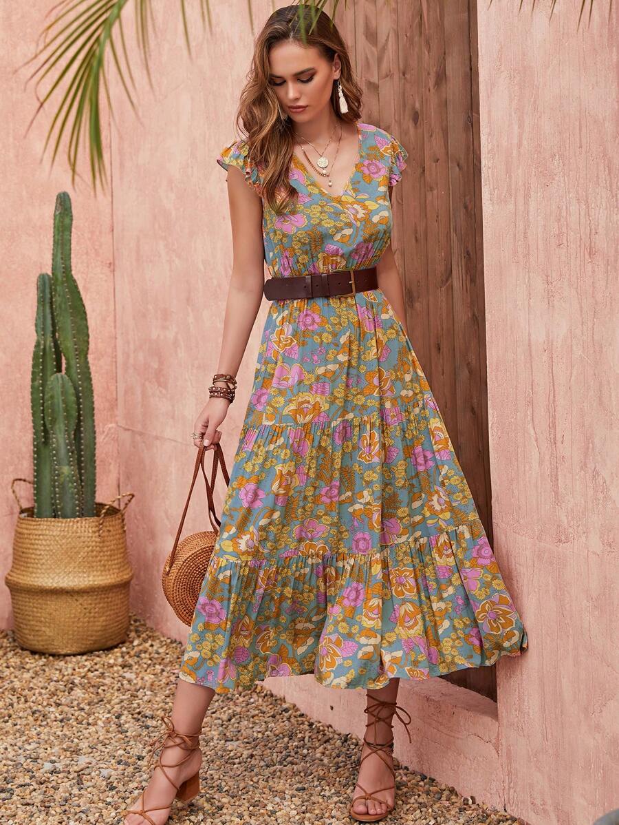 Rusttydustty Women Multi Color Floral High Waist Dress Minimalist Elegance Date Night Holiday Summer Party Music Festival - Multicolor - View 1