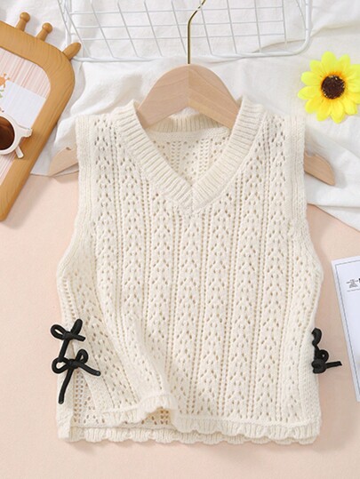 Young Girl Loose Knit V-Neck Vest With Side Bow Detail, Casual Style For Spring/Summer