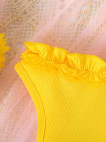 Kleine Mädchen Ärmellose Rüschen Saum Trägerhemd + Sonnenblumen Muster Schleife Dekor Shorts 2 Stücke Set